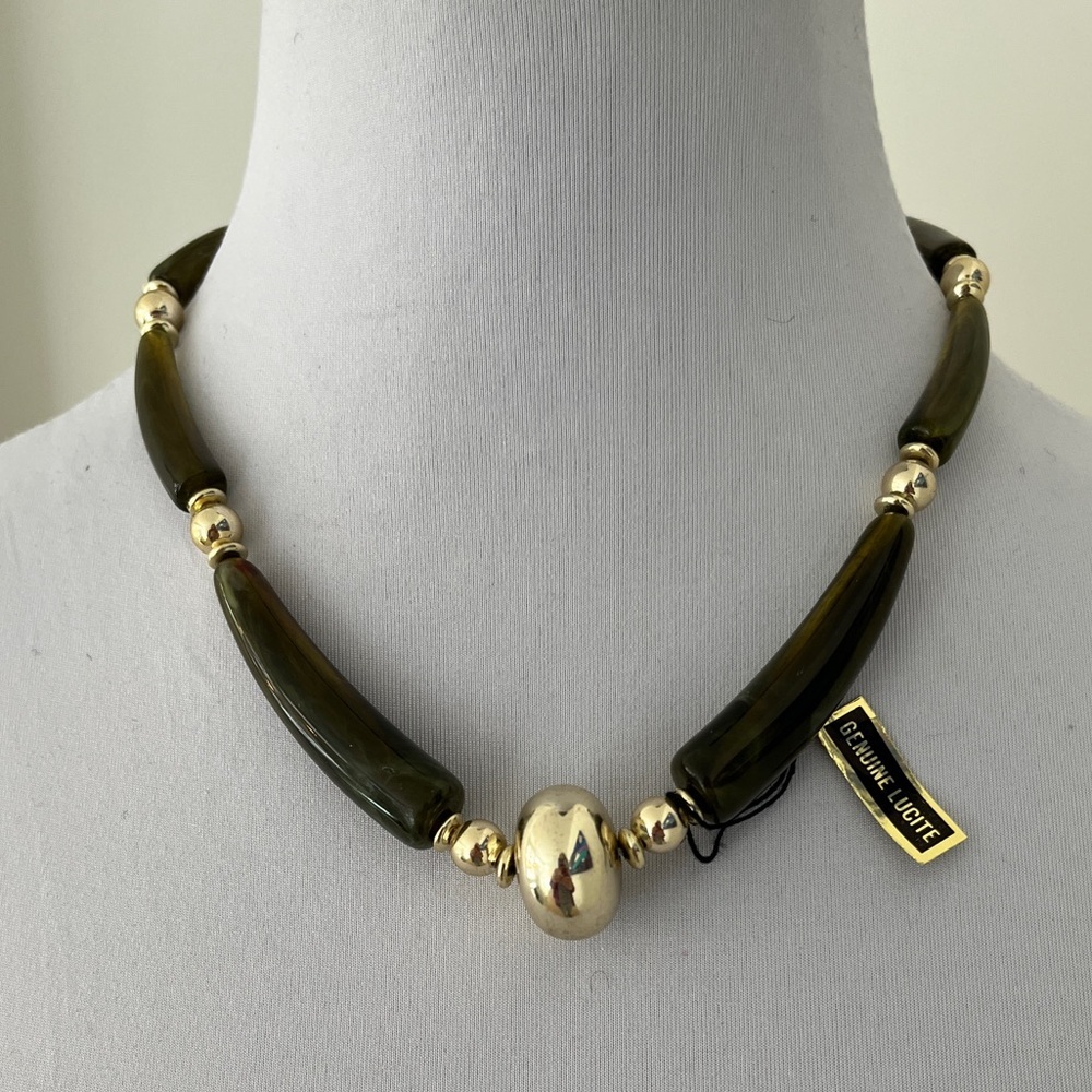VINTAGE Genuine Lucite Green Gold Single Strand Long Beads Necklace Hong Kong